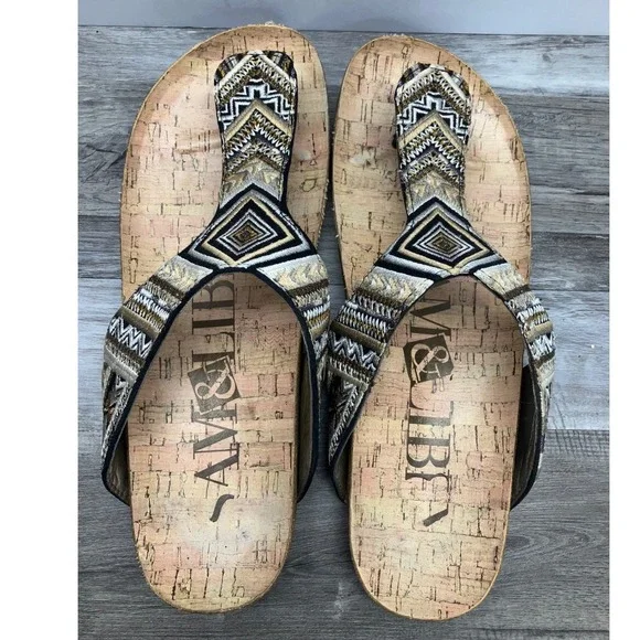 Sam & Libby Womens 9 Gold Black Geometric Embroidered Cork Thong Slide Sandals - Picture 5 of 7